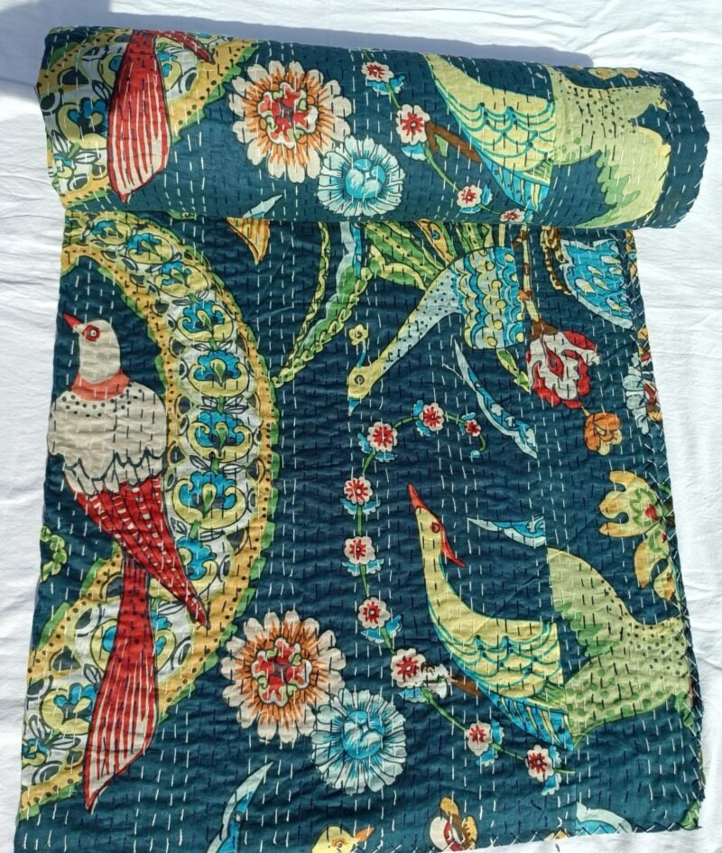 Handmade Blue Bird Floral Kantha Quilt Cotton Bedspread