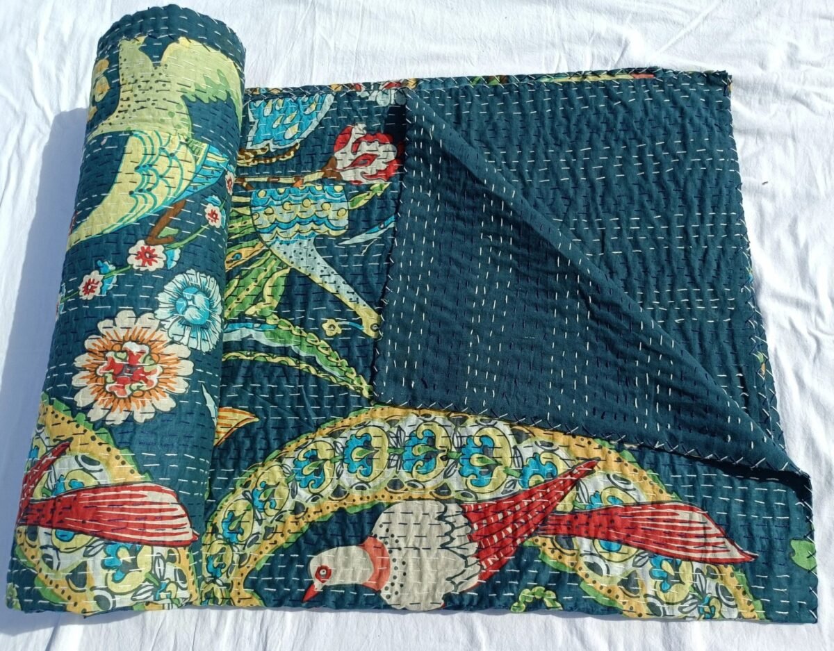 Handmade Blue Bird Floral Kantha Quilt Cotton Bedspread
