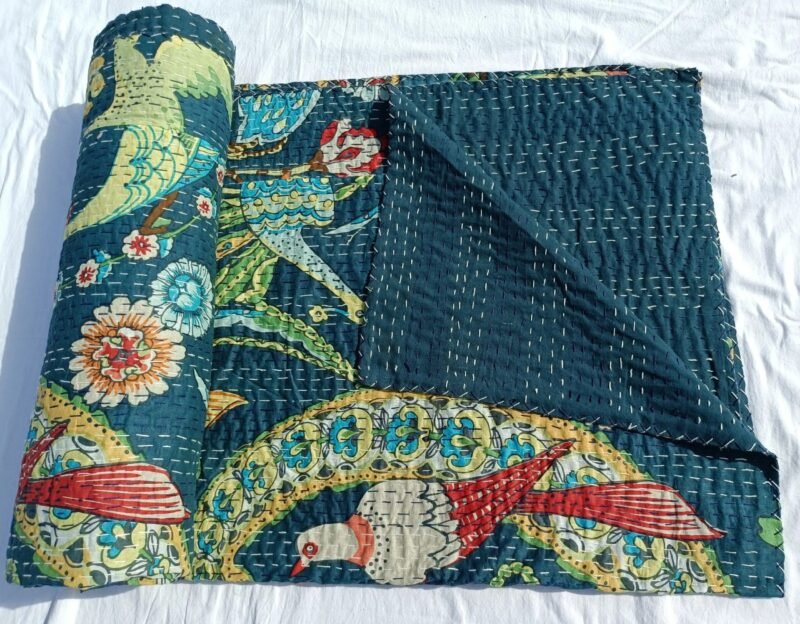 Handmade Blue Bird Floral Kantha Quilt Cotton Bedspread