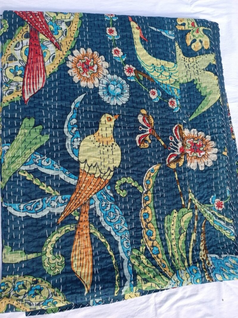 Handmade Blue Bird Floral Kantha Quilt Cotton Bedspread