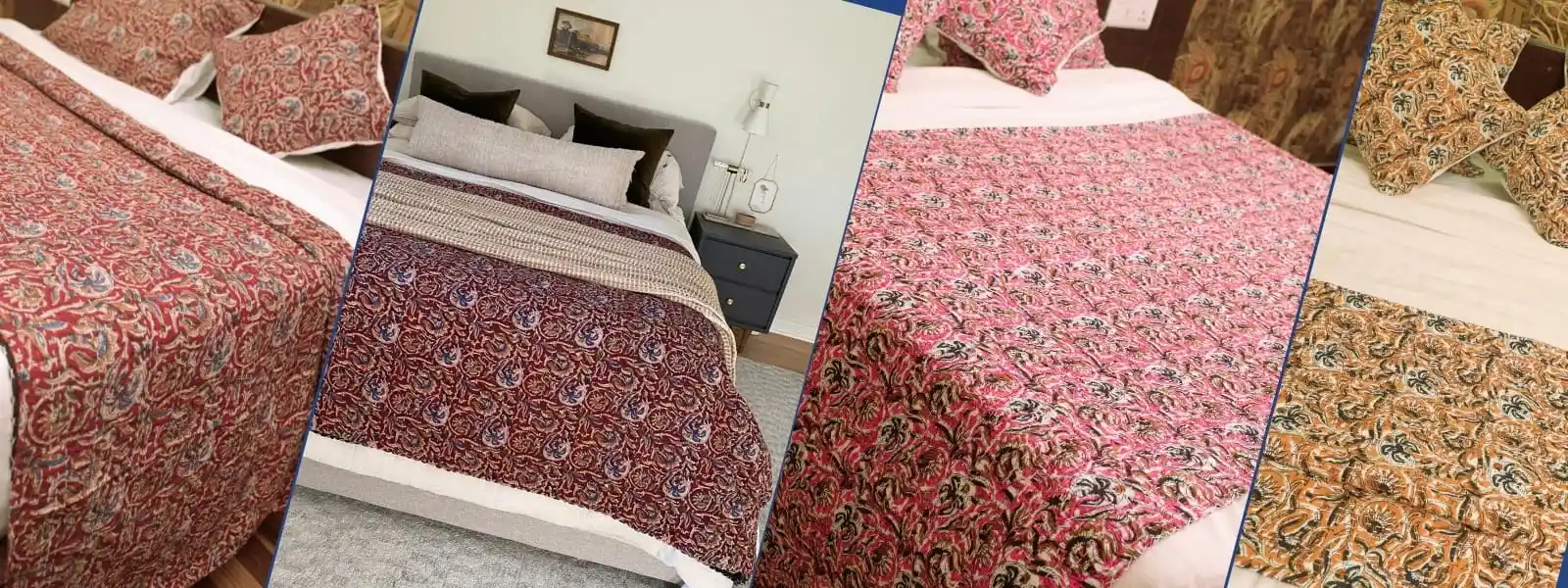 Red floral block print Kantha quilt on bed – handmade Indian cotton quilt from Jaipur