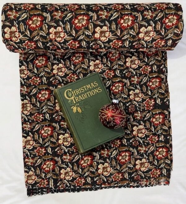 Beautiful Black Leaf Block Print Kantha Quilt Handmade Cotton