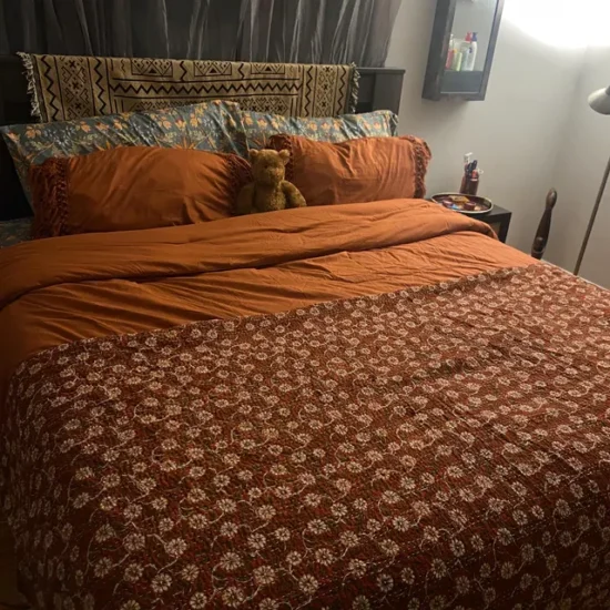Luxury Red Floral Block Print Kantha Quilt Handmade Cotton Bedspread Decor Throw