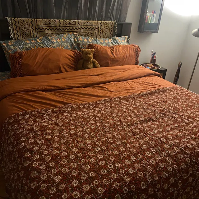 Luxury Red Floral Block Print Kantha Quilt Handmade Cotton Bedspread Decor Throw
