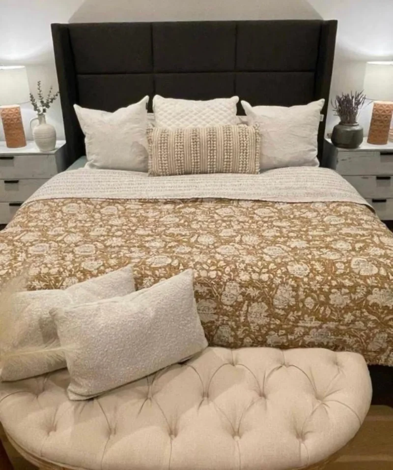 Brown Floral Kantha Quilt, Hand made Cotton Block Print Boho Bedspread