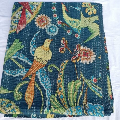 Blue Bird Floral Kantha Quilt Handmade Cotton Block Print Bedspread Throw