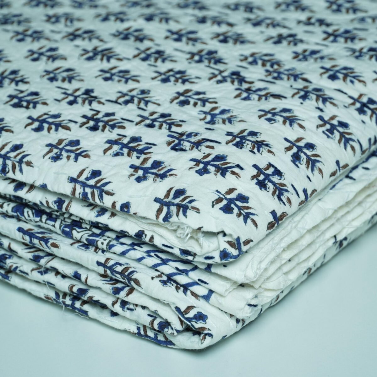 Blue Block Print Kantha Quilt Cotton Handmade Bedspread Boho Throw Blanket