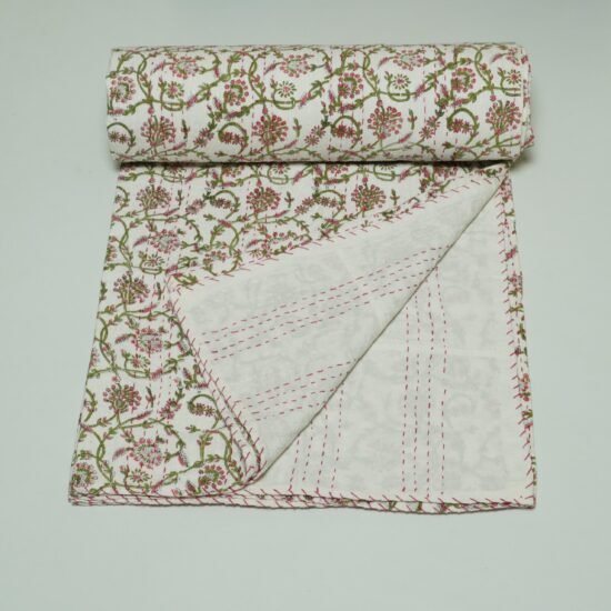 Handmade Floral Kantha Quilt Cotton Block Print Soft Bedspread