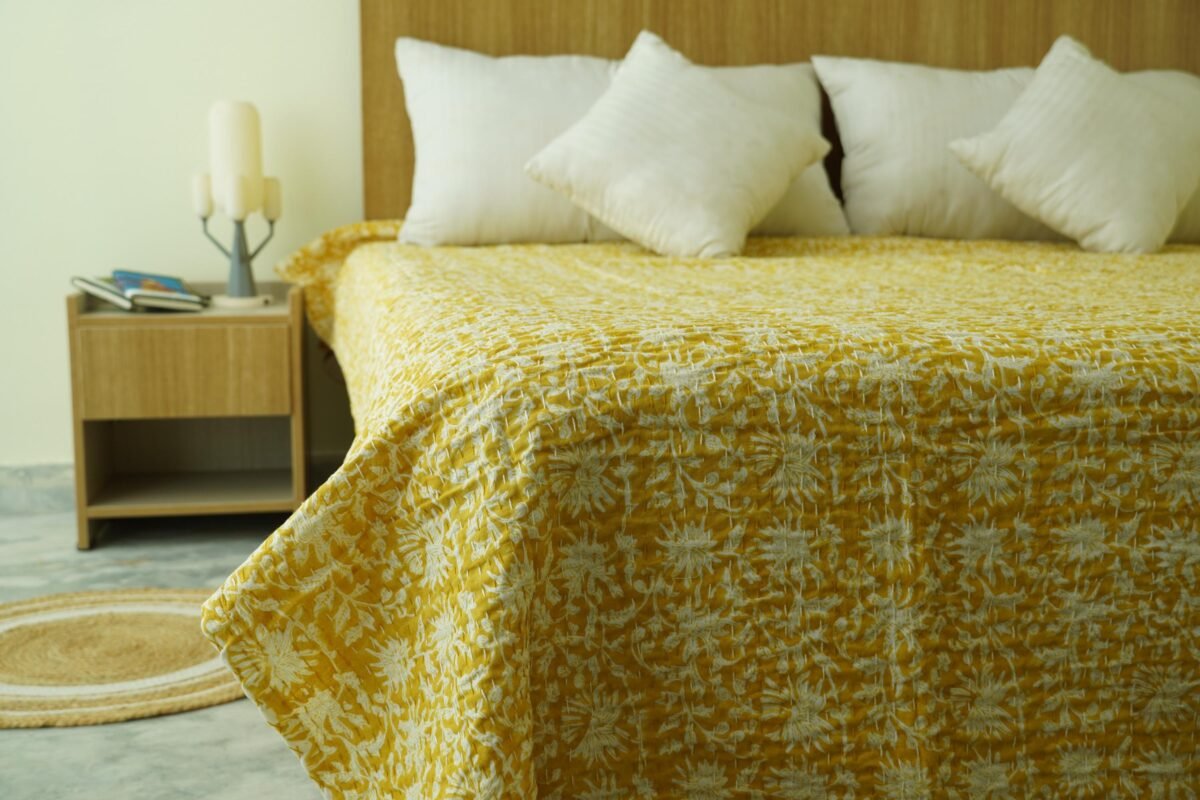 Yellow Floral Kantha Quilt Cotton Boho Bedspread Handmade Throw
