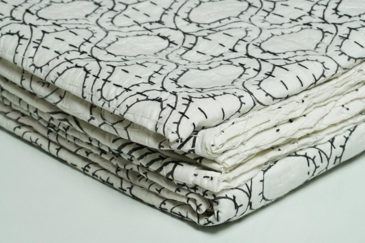 White Cotton Kantha Quilt Handmade Black Stitch Boho Bedspread