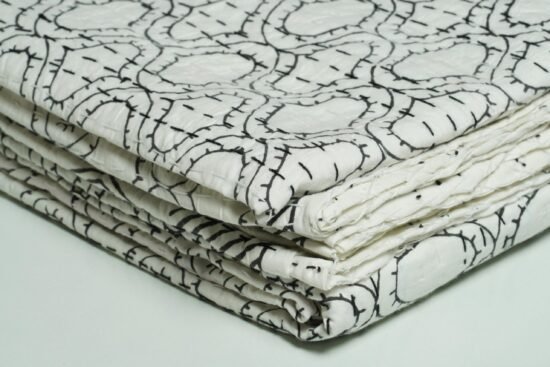 White Cotton Kantha Quilt Handmade Black Stitch Boho Bedspread Throw Blanket Art