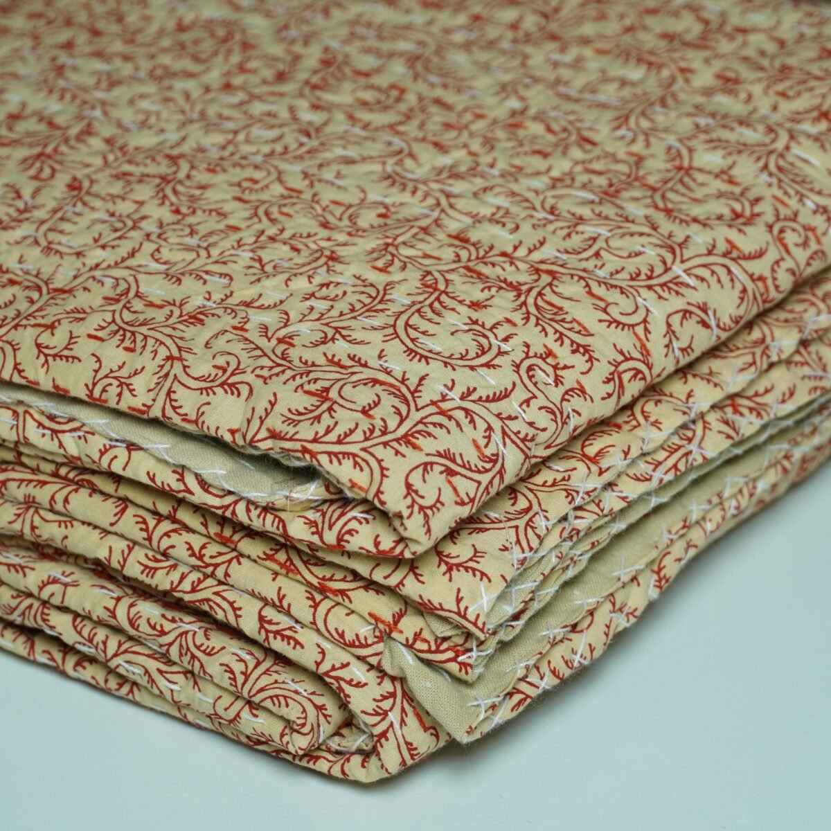 Beige Red Floral Kantha Quilt Handmade Cotton Block Print Boho Bedspread Throw