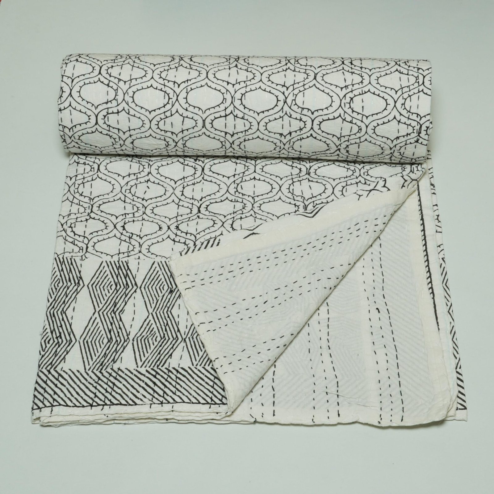 White Cotton Kantha Quilt Hand made Black Stitch Boho Bedspread Throw Blanket Art