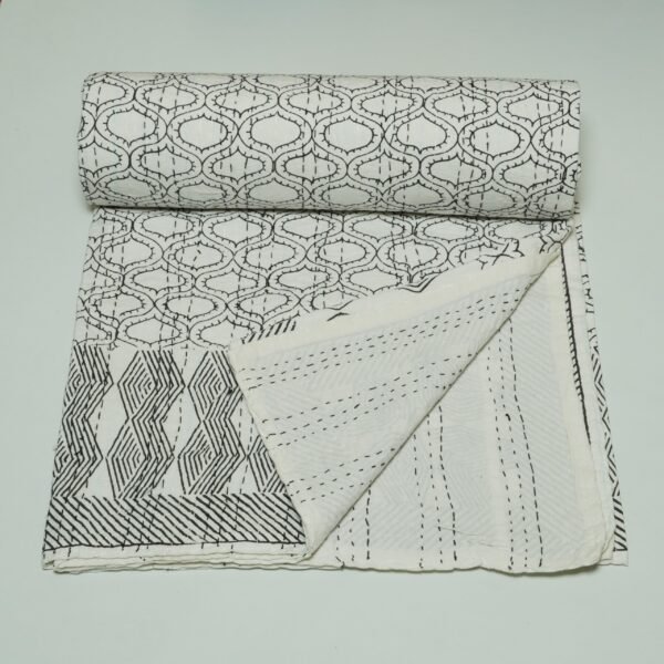 White Cotton Kantha Quilt Hand made Black Stitch Boho Bedspread Throw Blanket Art