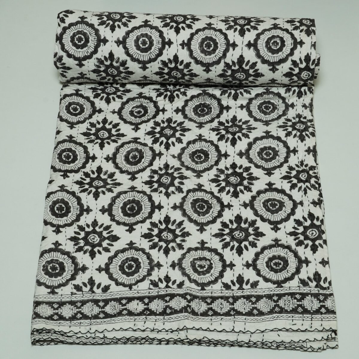 Black White Kantha Quilt Handmade Cotton Block Print Boho Bedspread