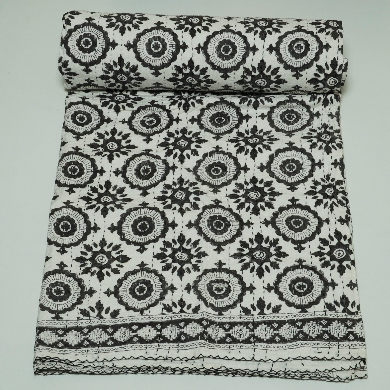 Black White Kantha Quilt Hand made Cotton Block Print Boho Bedspread Throw