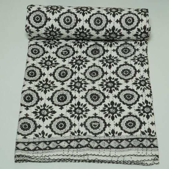 Black White Kantha Quilt Handmade Cotton Block Print Boho Bedspread Throw