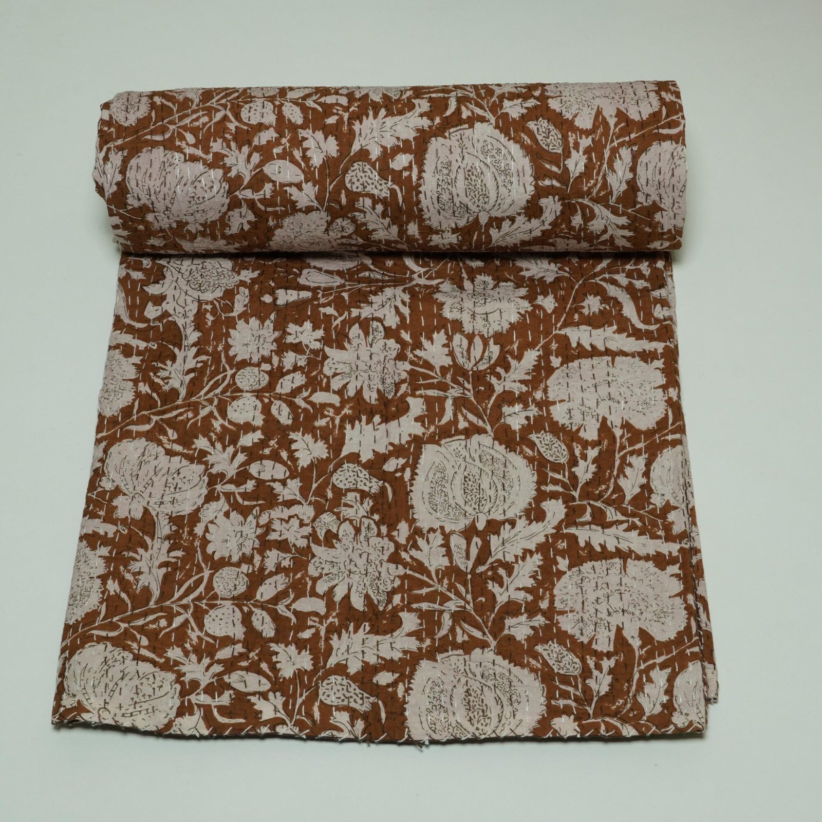 Brown Floral Kantha Quilt, Hand made Cotton Block Print Boho Bedspread Throw Blanket