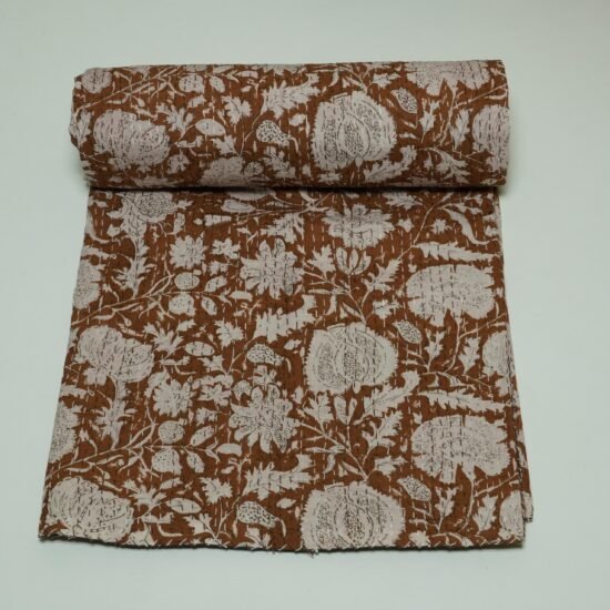 Brown Floral Kantha Quilt Handmade Cotton Block Print Boho Bedspread Throw Blanket