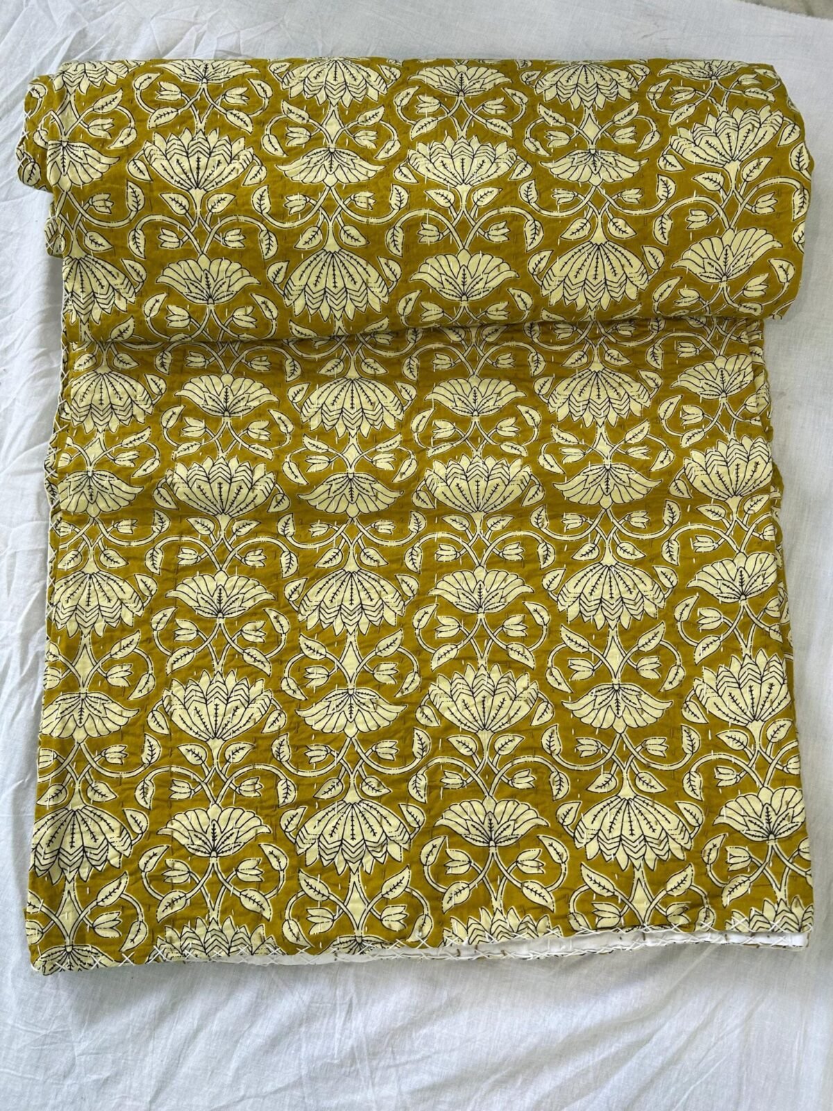 Kantha Quilt Mustard Floral Block Print Pure