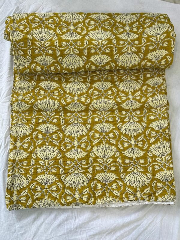 Kantha Quilt Mustard Floral Block Print Pure Cotton Handmade Bedspread Throw Set