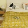 Kantha Quilt Mustard Floral Block Print Pure Cotton Handmade Bedspread Throw Set