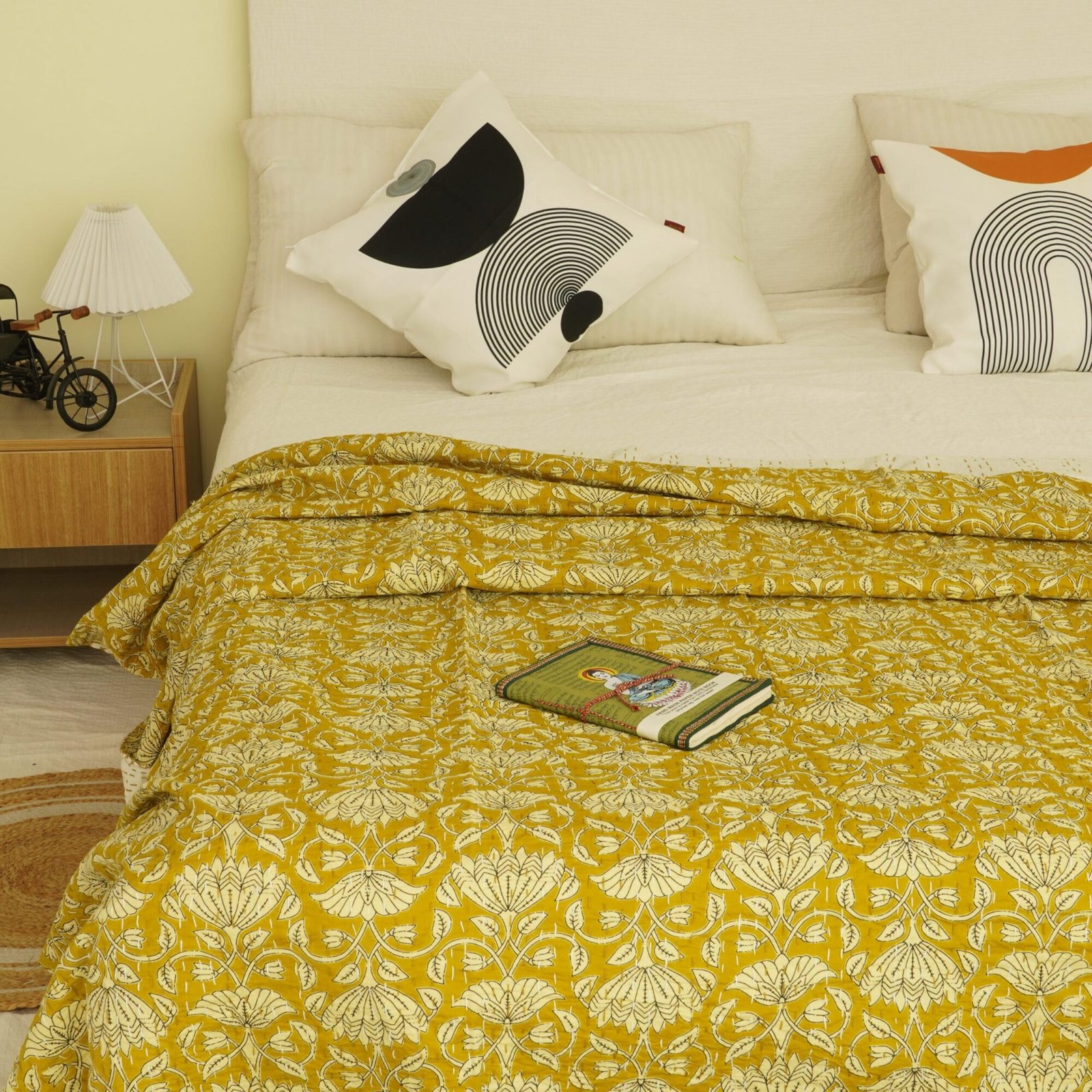 Kantha Quilt Mustard Floral Block Print Pure Cotton Handmade Bedspread Throw Set