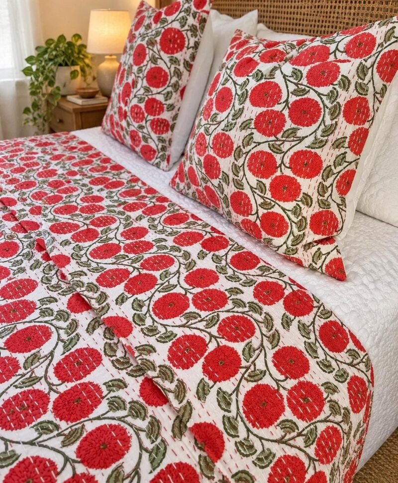 Red Cotton Kantha Quilt Hand Made Black Stitch Boho Bedspread Throw
