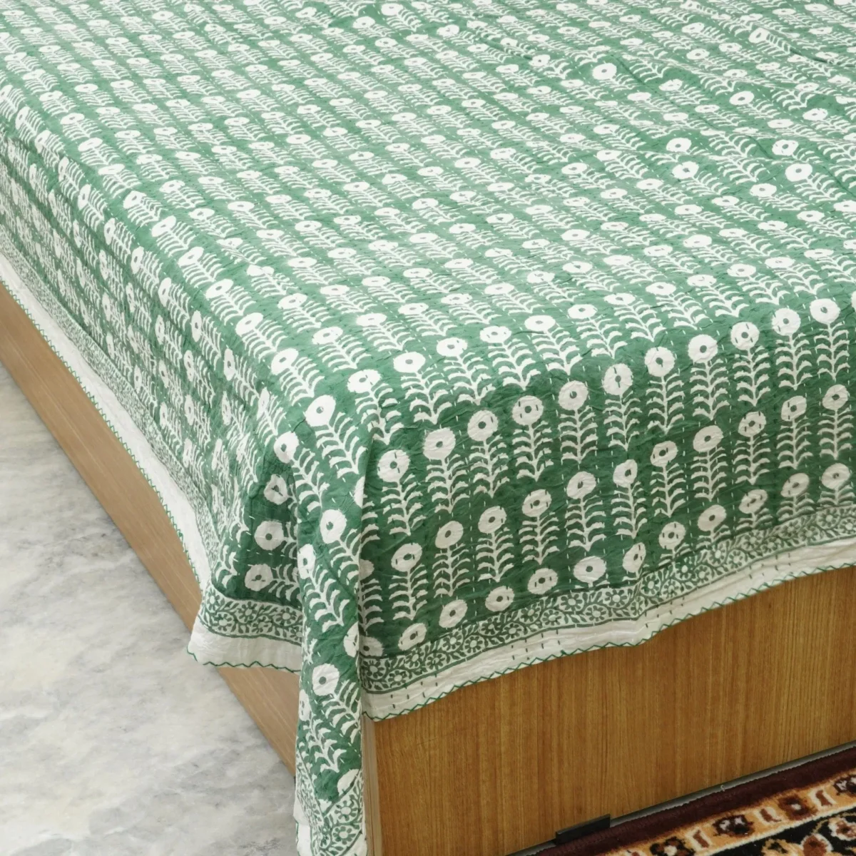 Indian Handmade Green Floral Kantha Quilt Cotton Bedspread Throw Blanket omradecor