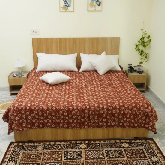 Red Floral Block Print Kantha Quilt Handmade Cotton Bedspread