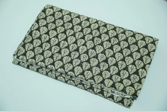 Black Leaf Block Print Kantha Quilt Handmade Cotton Bedspread