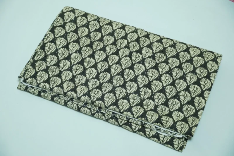 Black Leaf Block Print Kantha Quilt Handmade Cotton Bedspread