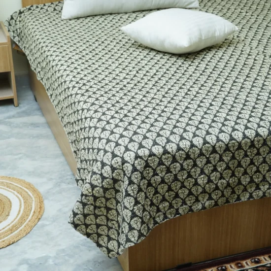 Black Leaf Block Print Kantha Quilt Handmade Cotton Bedspread
