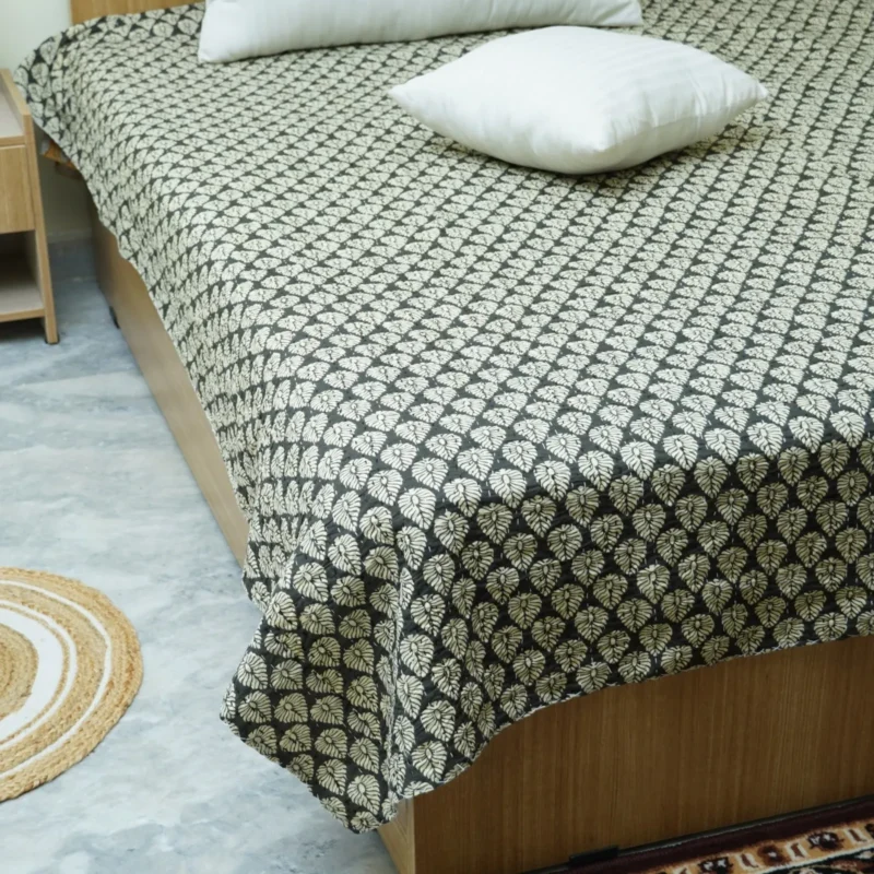 Black Leaf Block Print Kantha Quilt Handmade Cotton Bedspread