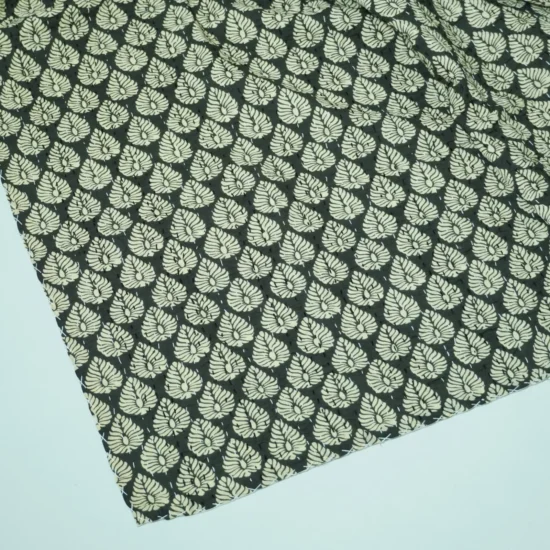 Black Leaf Block Print Kantha Quilt Handmade Cotton Bedspread