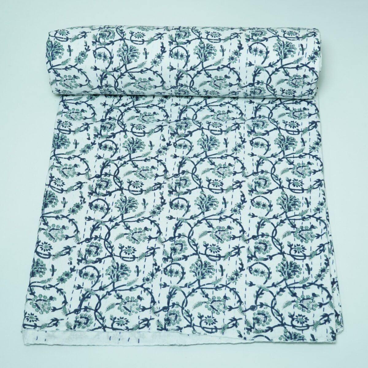 Kantha Blanket, Timeless Handmade Boho Bedspread Queen, Blue Floral Vine Kantha Quilt