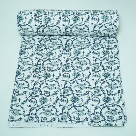 Handmade Boho Bedspread Queen Blue Floral Vine Kantha Quilt Cotton