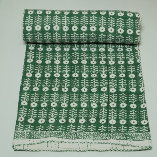 Indian Handmade Green Floral Kantha Quilt Cotton Bedspread Throw Blanket omradecor