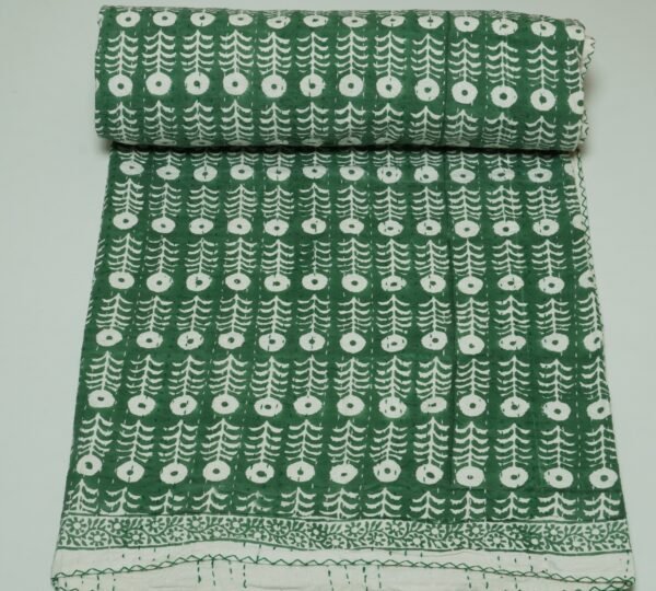 Indian Handmade Green Floral Kantha Quilt Cotton Bedspread Throw Blanket omradecor