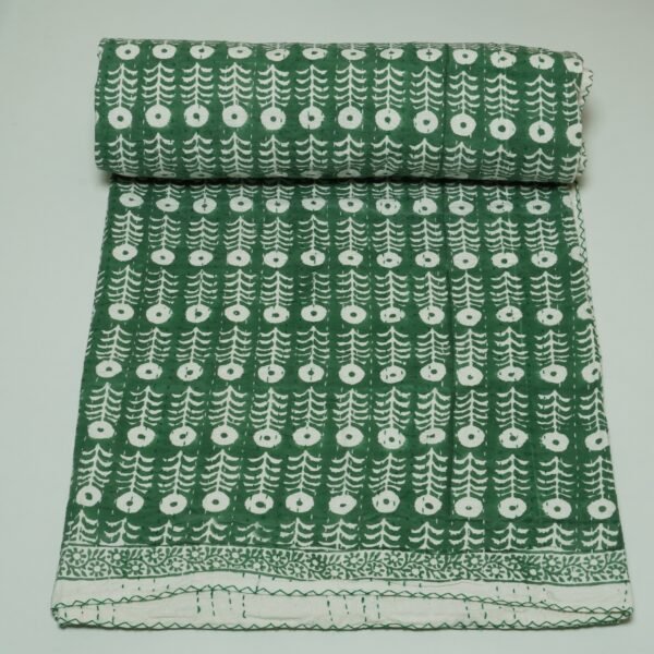 Indian Handmade Green Floral Kantha Quilt Cotton Bedspread Throw Blanket omradecor
