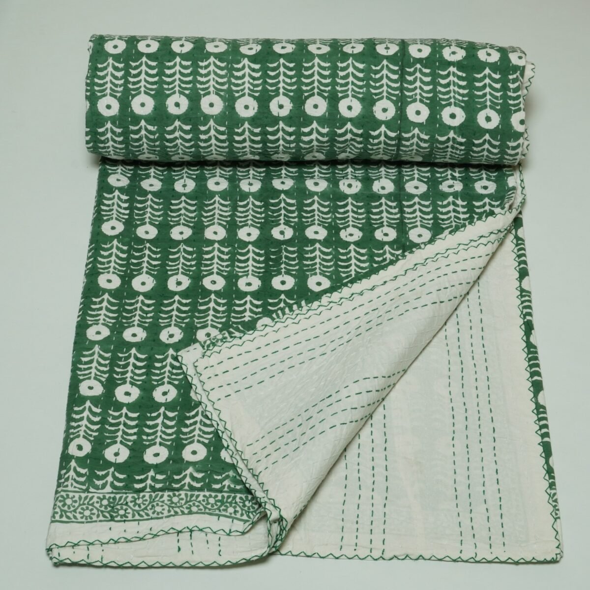 Indian Handmade Green Floral Kantha Quilt Cotton Bedspread Throw Blanket omradecor