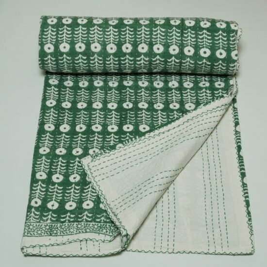 Indian Handmade Green Floral Kantha Quilt Cotton Bedspread Throw Blanket omradecor