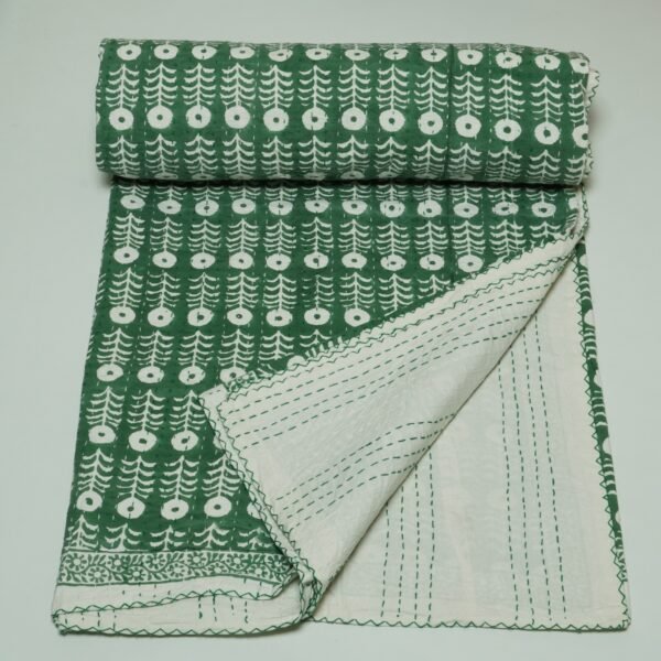 Indian Handmade Green Floral Kantha Quilt Cotton Bedspread Throw Blanket omradecor