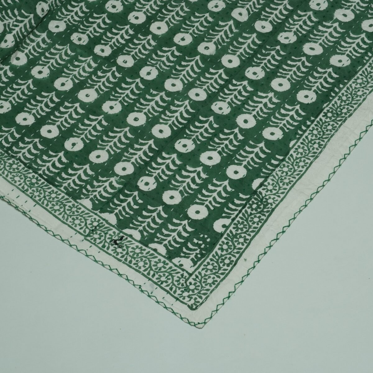 Indian Handmade Green Floral Kantha Quilt Cotton Bedspread Throw Blanket omradecor