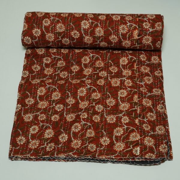 Red Floral Block Print Kantha Quilt Handmade Cotton Bedspread