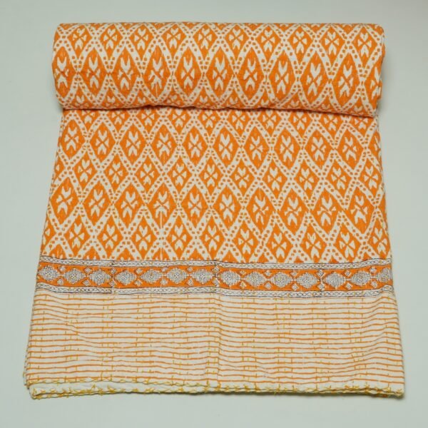 Orange Indian Kantha Bedspread Cotton Block Print Handmade Throw omradecor