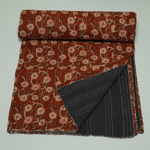Red Floral Block Print Kantha Quilt Handmade Cotton Bedspread