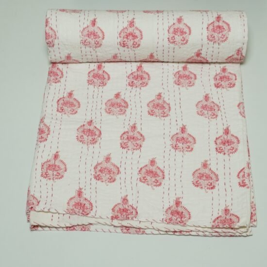Cotton Block Print Bedspread Handblock Pink Floral Kantha Quilt Queen Soft