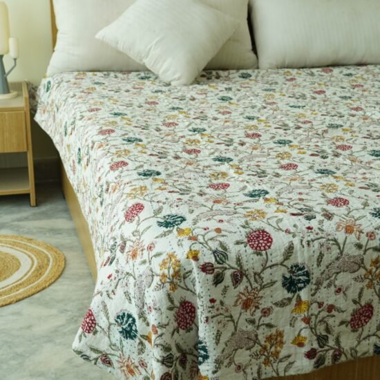 Handmade Kantha Quilt Floral Cotton Block Print Bedspread Queen