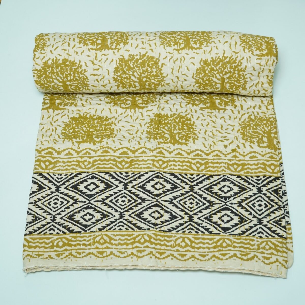 Kantha Blanket, Timeless Block Print Bedspread, Mustard Yellow Kantha Quilt